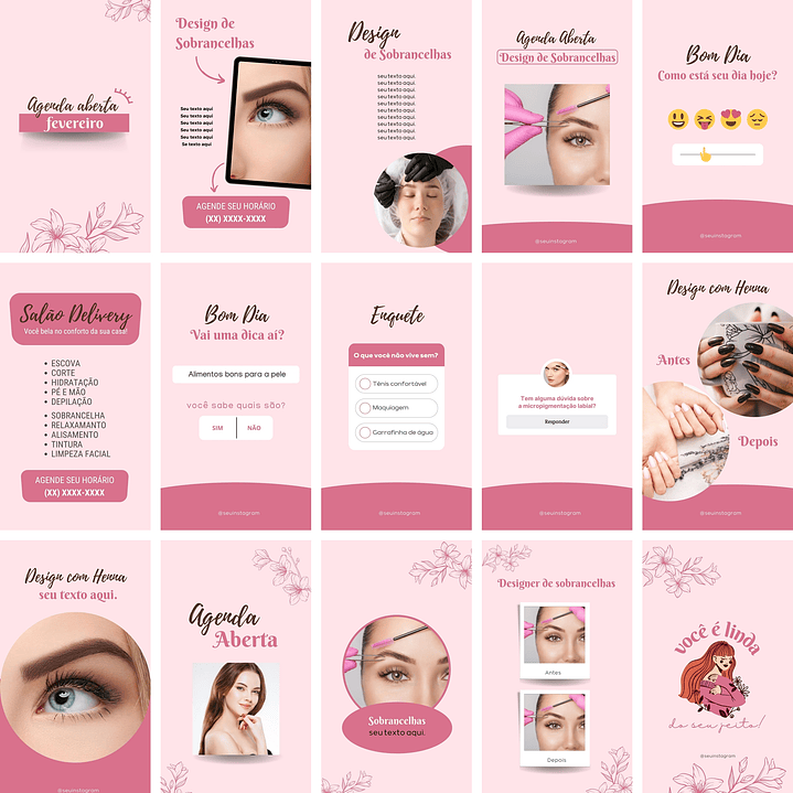 Pack Canva Design de Sobrancelhas Templates Editáveis 70 Artes + Bônus 3