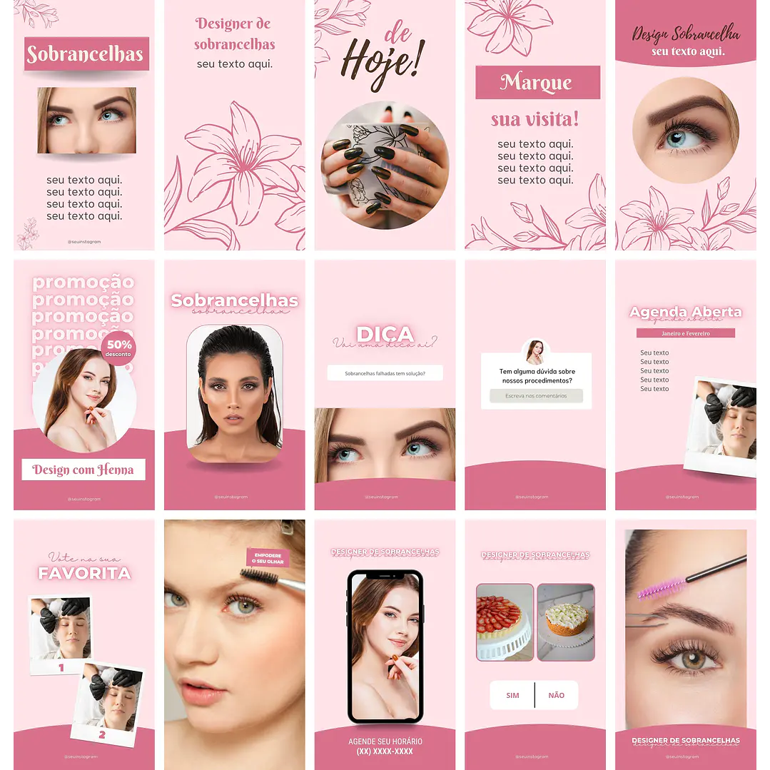 Pack Canva Design de Sobrancelhas Templates Editáveis 70 Artes + Bônus 4