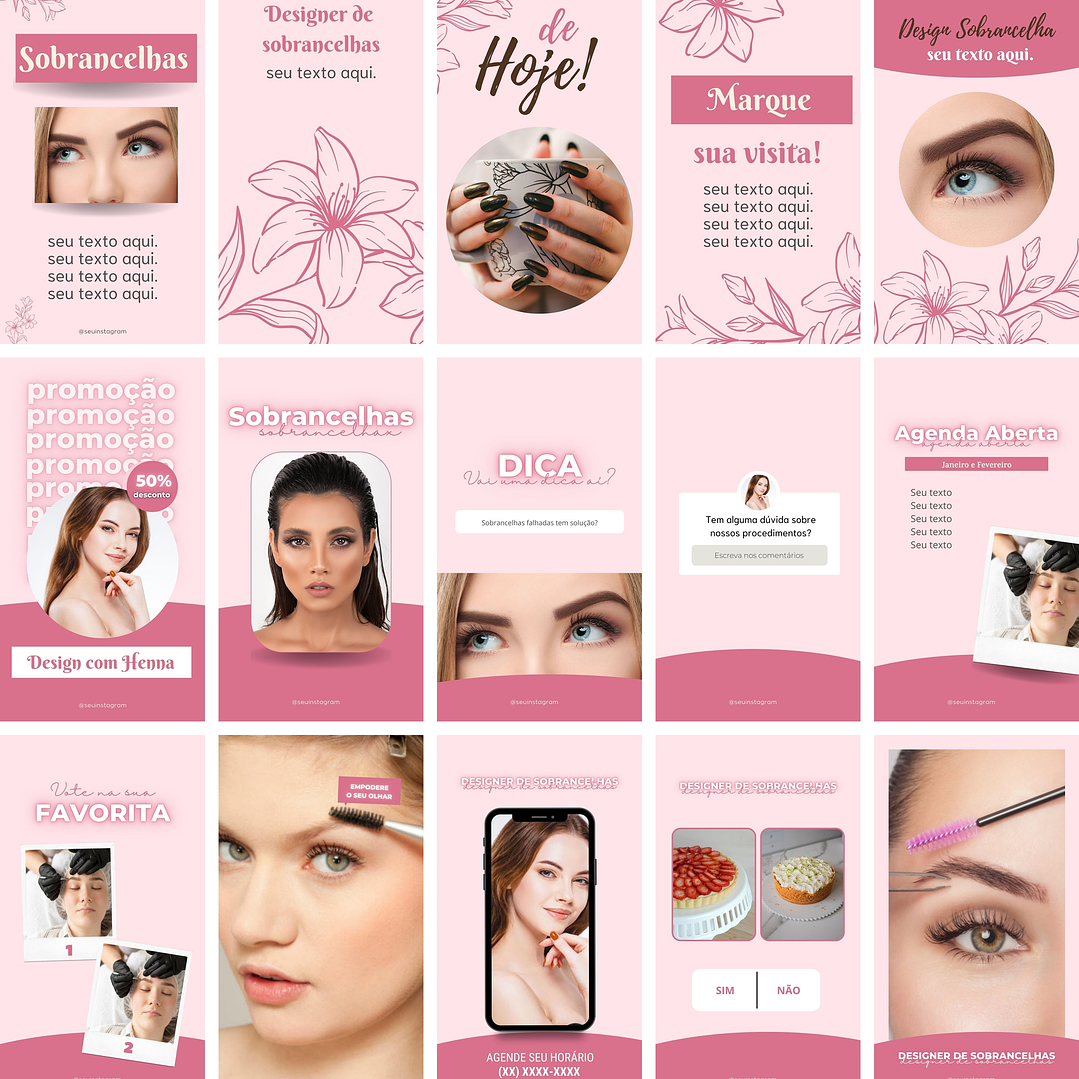 Pack Canva Design de Sobrancelhas Templates Editáveis 70 Artes + Bônus 4