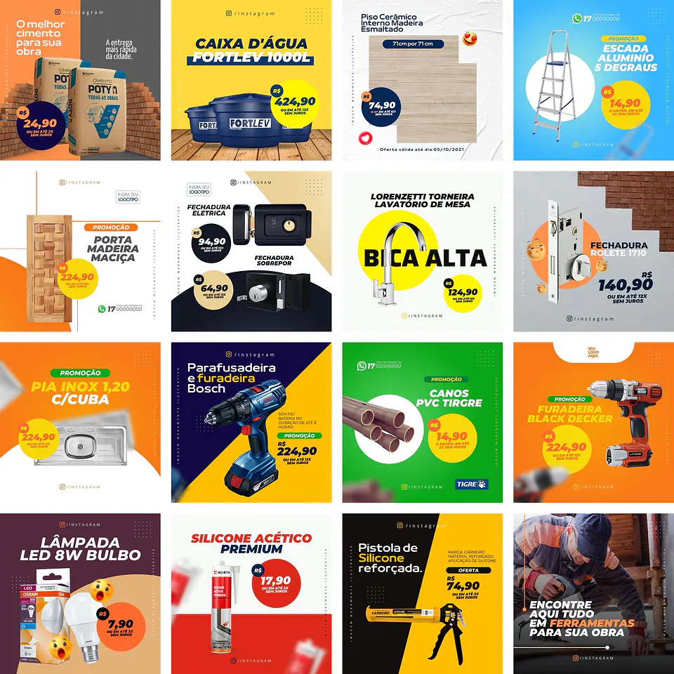 Pack Canva Materiais de Construção Templates Editáveis 90 Artes + Bônus 1