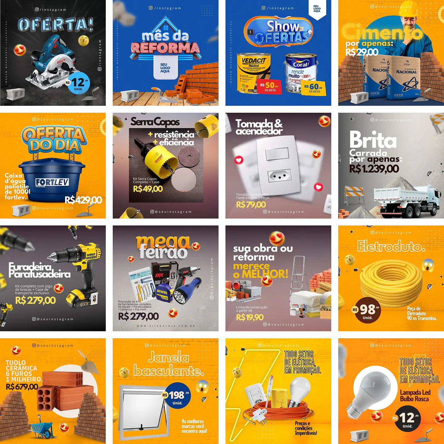 Pack Canva Materiais de Construção Templates Editáveis 90 Artes + Bônus 2