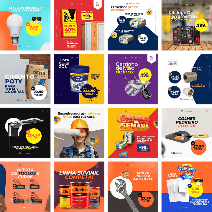 Pack Canva Materiais de Construção Templates Editáveis 90 Artes + Bônus 3