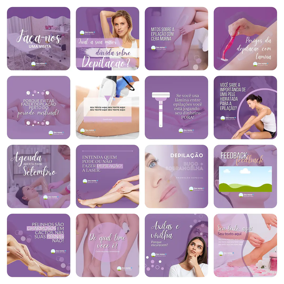 Pack Canva Depilação Depiladora Lilás 2.0 Templates Editáveis 33 Artes + Bônus 1