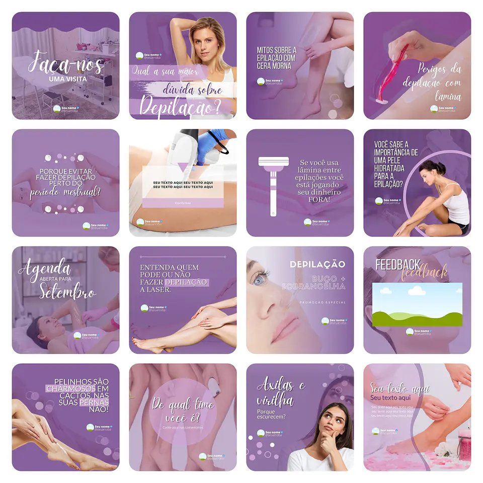 Pack Canva Depilação Depiladora Lilás 2.0 Templates Editáveis 33 Artes + Bônus 1