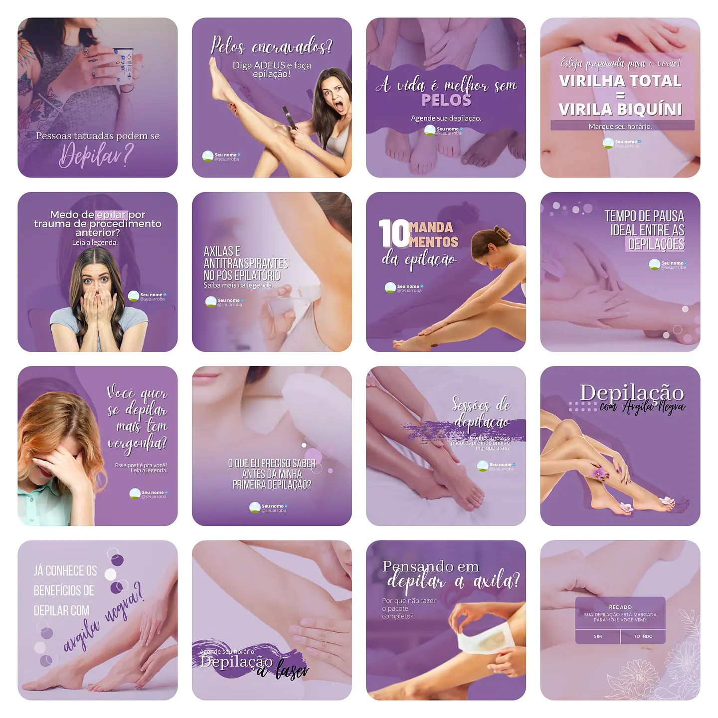 Pack Canva Depilação Depiladora Lilás 2.0 Templates Editáveis 33 Artes + Bônus 2