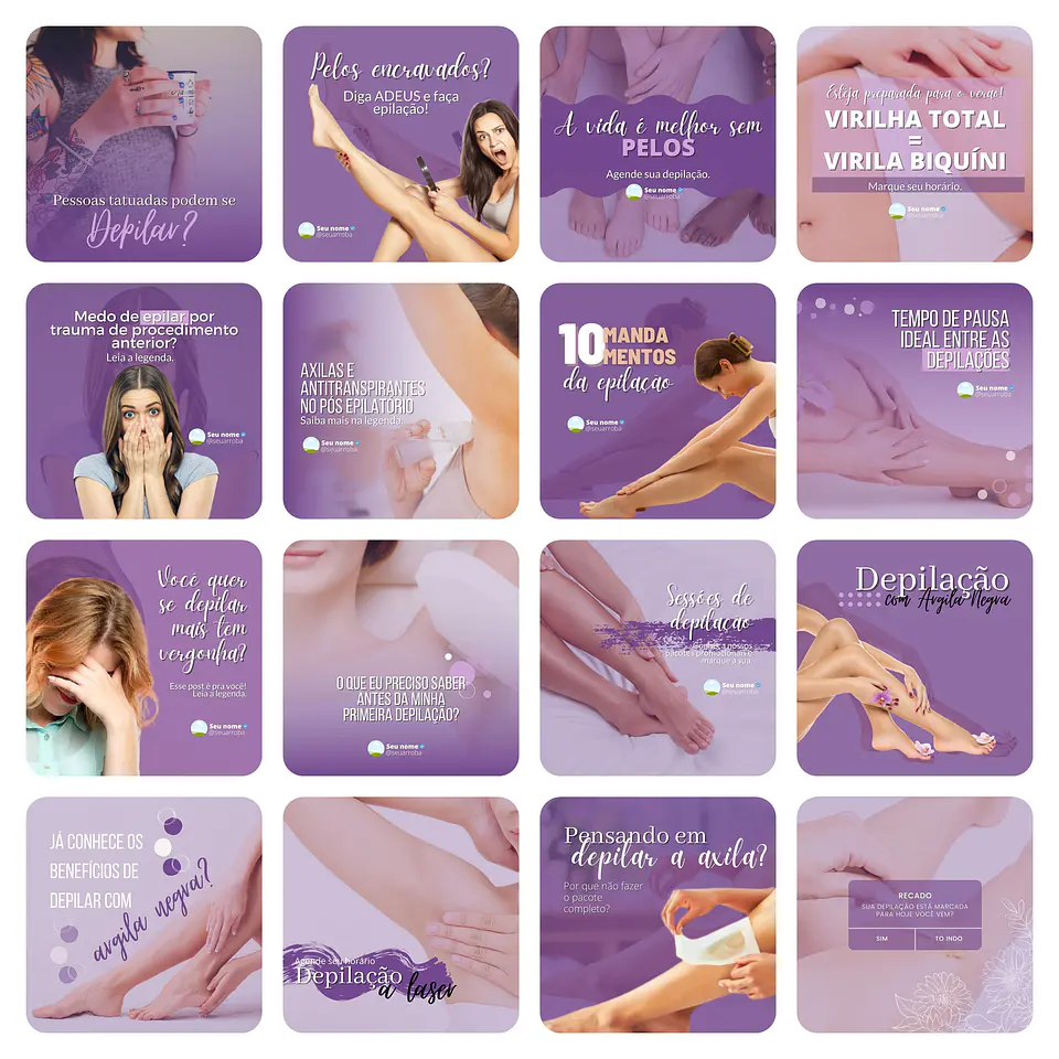 Pack Canva Depilação Depiladora Lilás 2.0 Templates Editáveis 33 Artes + Bônus 2