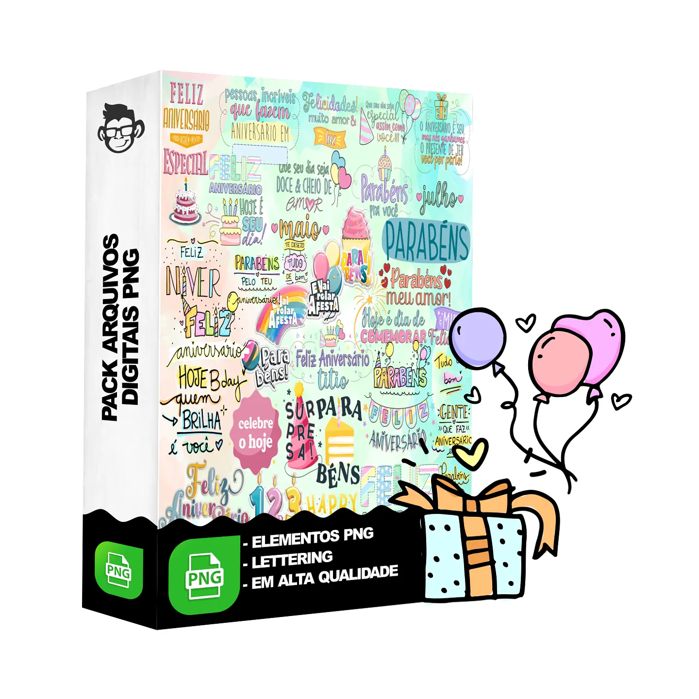 Kit Digital Lettering Frases Aniversário Festas Arquivos sem fundo Png 1