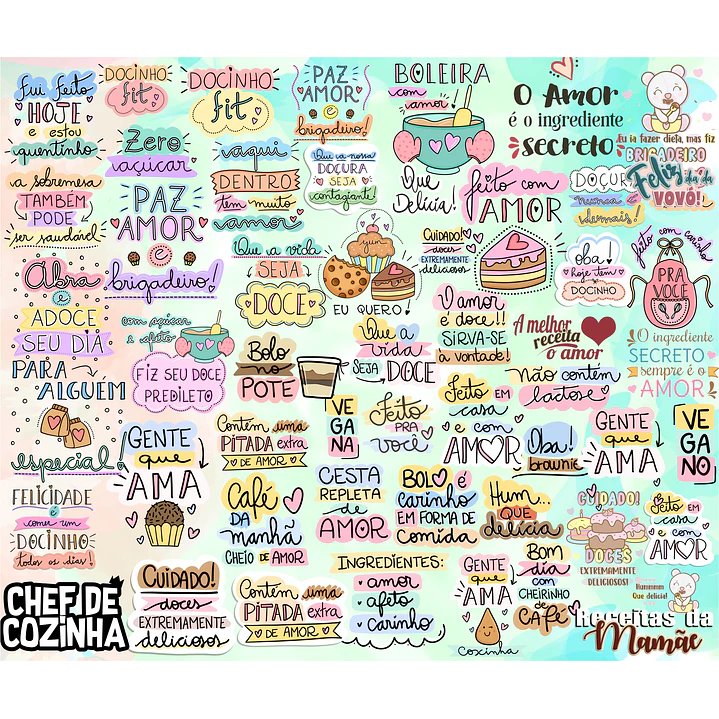 Kit Digital Lettering Frases Confeitaria Cozinheira Arquivos sem fundo Png 3