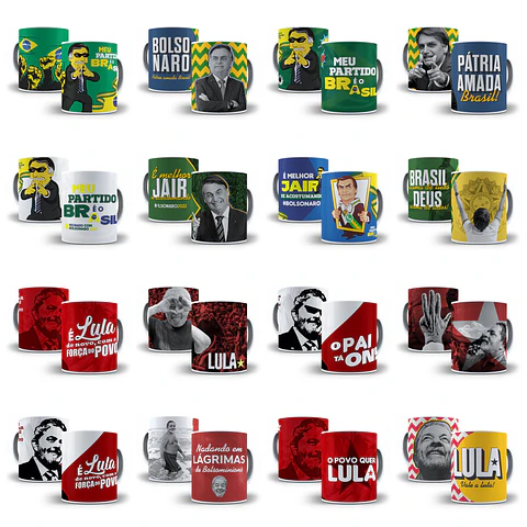 Pacote Combo 36 Artes Caneca Lula e Bolsonaro Arquivos Sublimação Png
