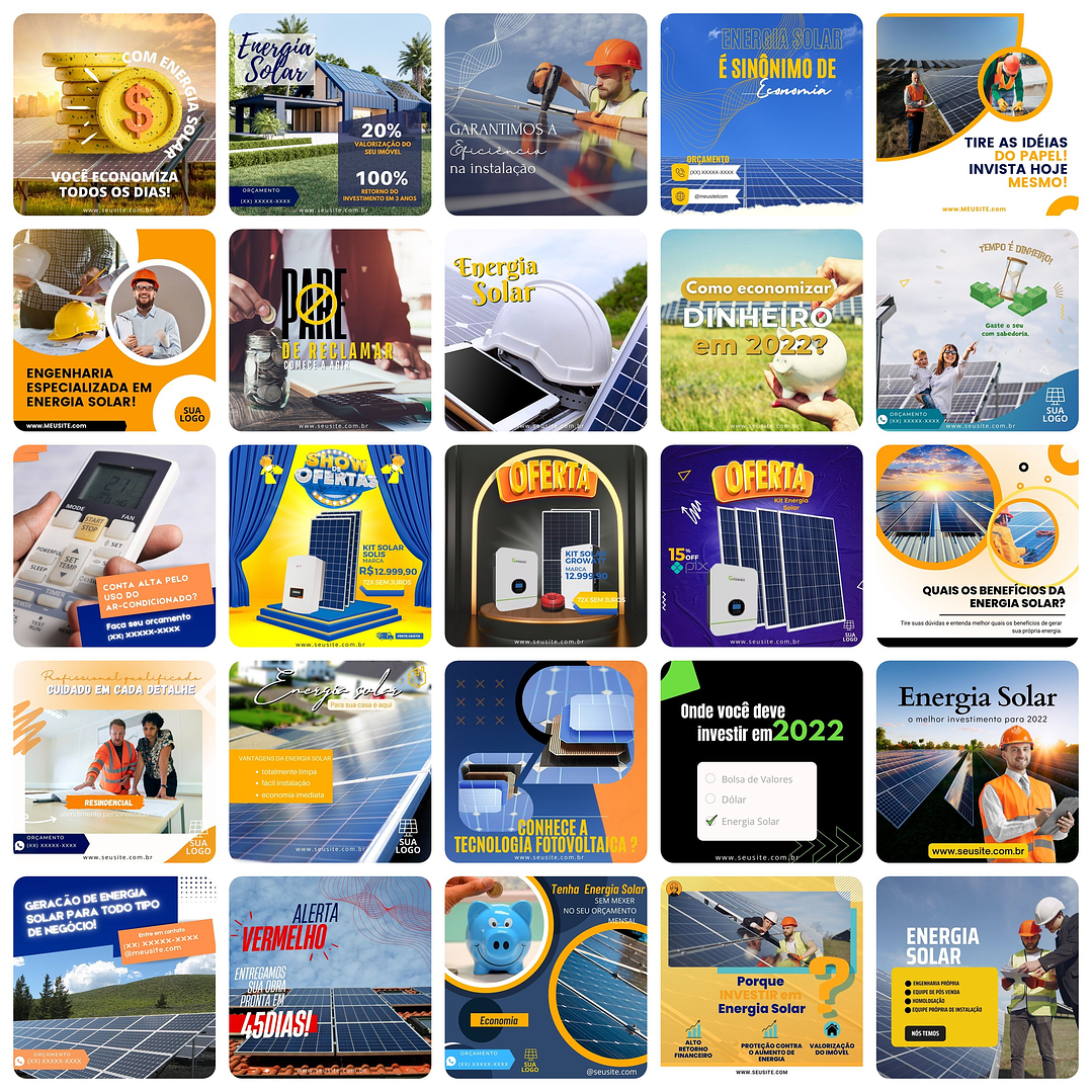 Pack Canva Energia Solar Templates Editáveis 200 Artes + Bônus 3