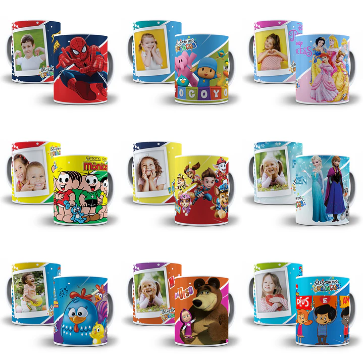 22  Artes Caneca Dia das Crianças Personagens Sublimação Arquivos em Corel Draw 2
