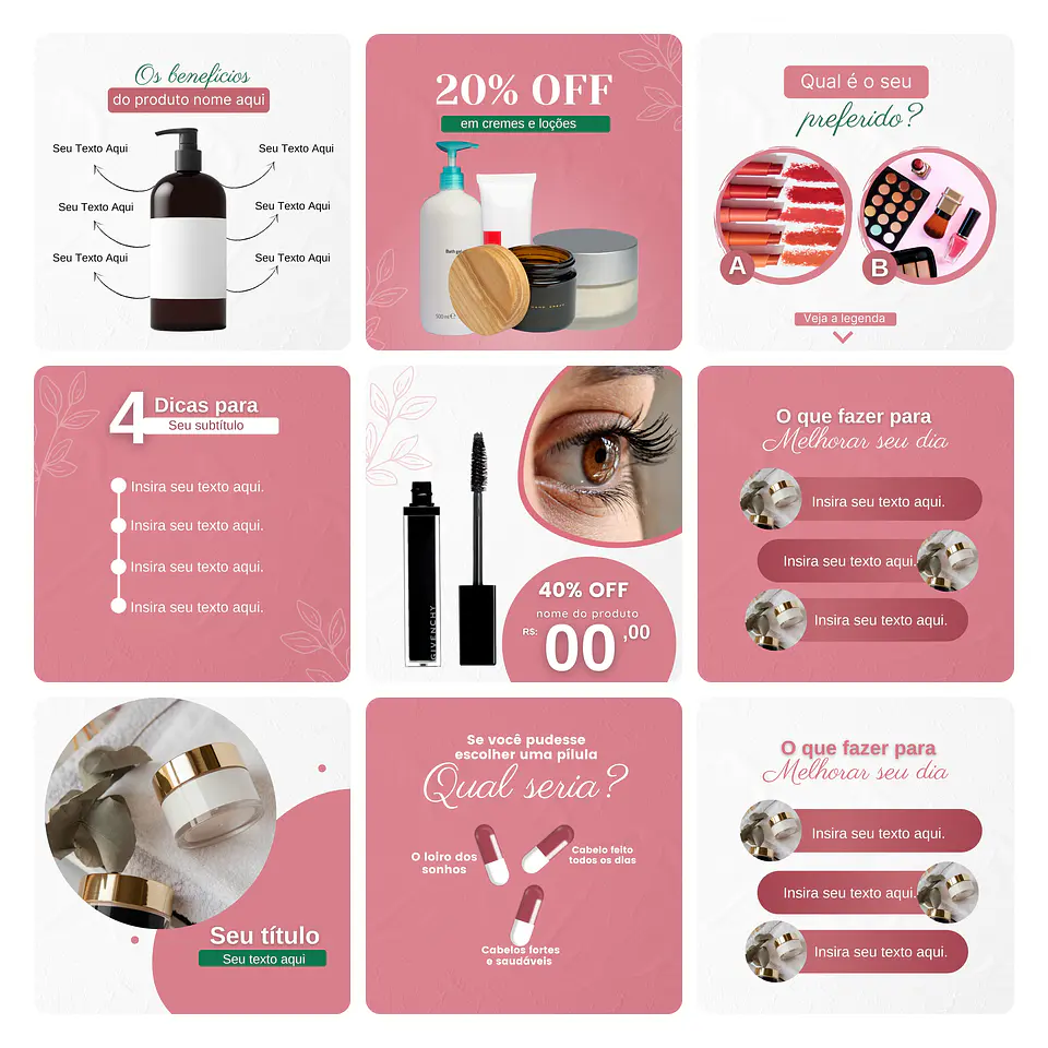 Pack Canva Cosméticos Saúde Template Editável 30 Artes + Bônus 3