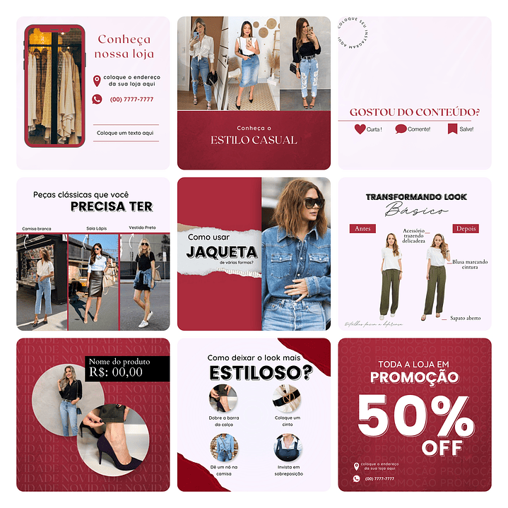 Pack Canva Loja de Roupas Femina Template Editável 40 Artes + Bônus 2