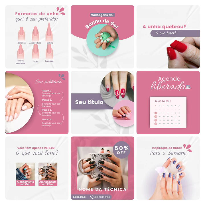 Pack Canva Nail Design Template Editável 30 Artes + Bônus 3