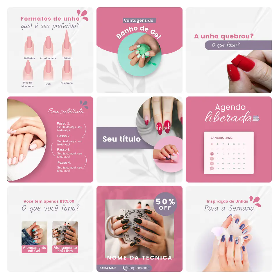 Pack Canva Nail Design Template Editável 30 Artes + Bônus 3