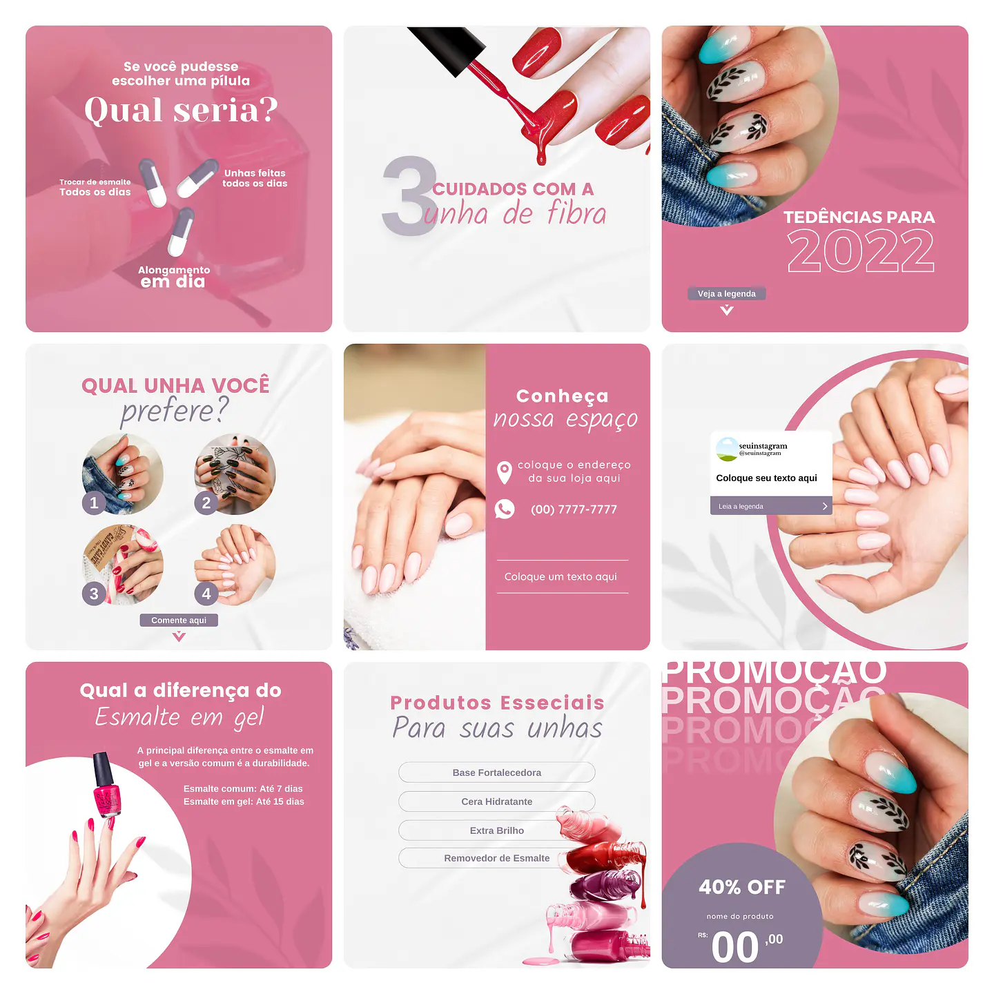 Pack Canva Nail Design Template Editável 30 Artes + Bônus 2
