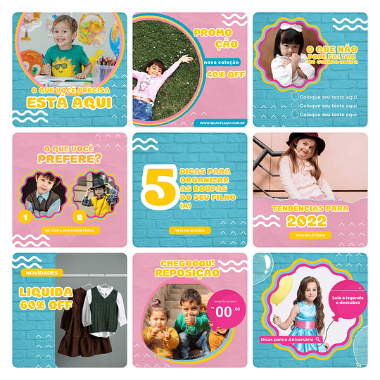 Pack Canva Loja de Roupa Infantil Kids Template Editável 30 Artes + Bônus