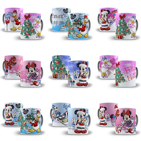 10 Artes Caneca Natal Turma do Mickey Aquarela Sublimação em Corel Draw + Jpg