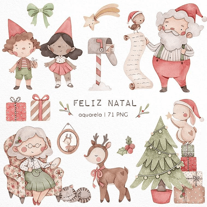 Kit Digital Feliz Natal Aquarelado sem fundo Png 1