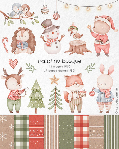 Kit Digital Natal no Bosque Aquarelado Arquivos Sem Fundo Png