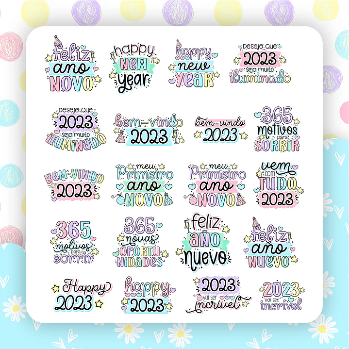 Kit Digital Ano Novo 2023 Lettering Frases Elementos Arquivos sem fundo Png 3