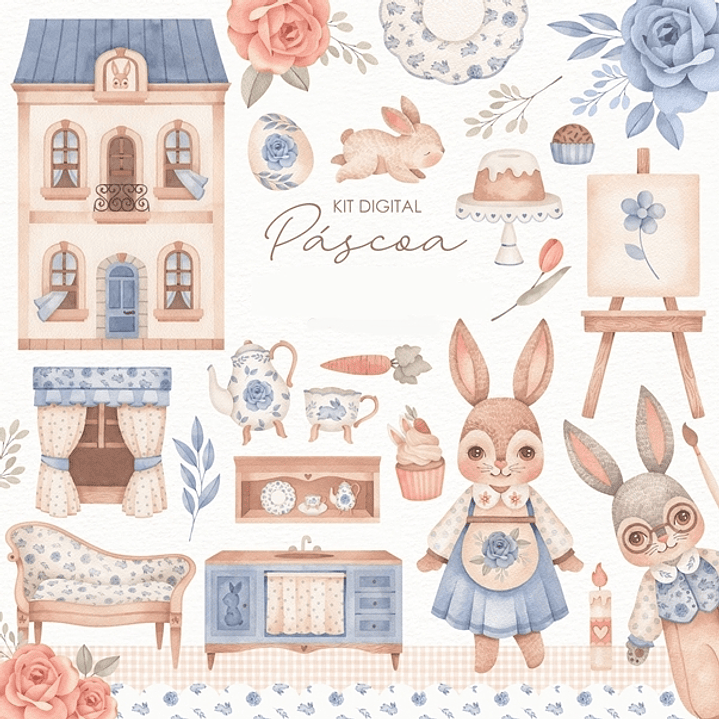 Kit Digital Páscoa Aquarelados em Png 1