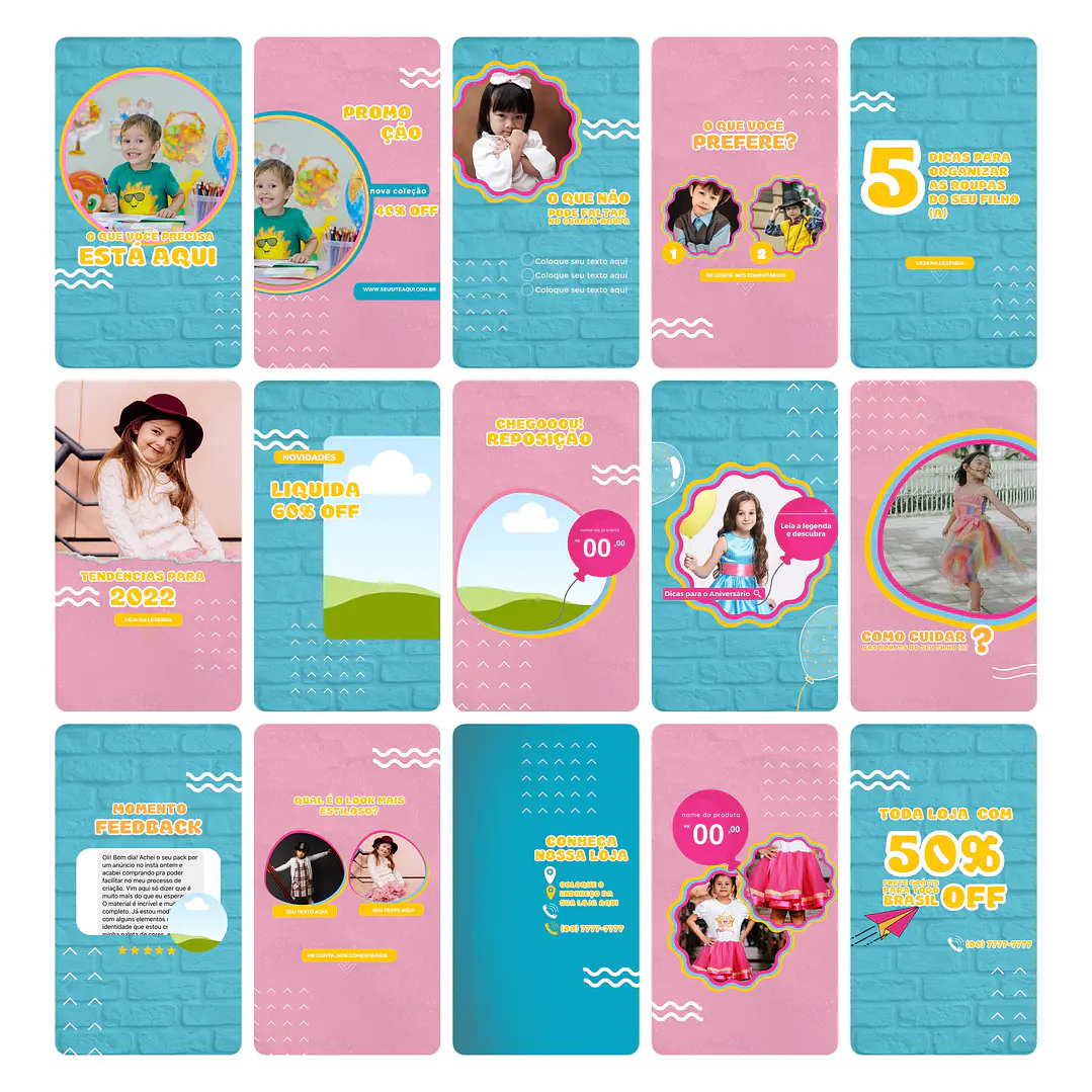 Pack Canva Loja de Roupa Infantil Kids Template Editável 30 Artes Animados Storie + Bônus 1
