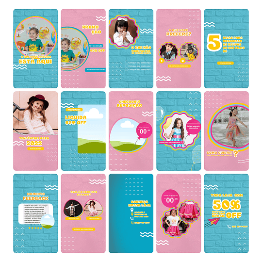 Pack Canva Loja de Roupa Infantil Kids Template Editável 30 Artes Animados Storie + Bônus
