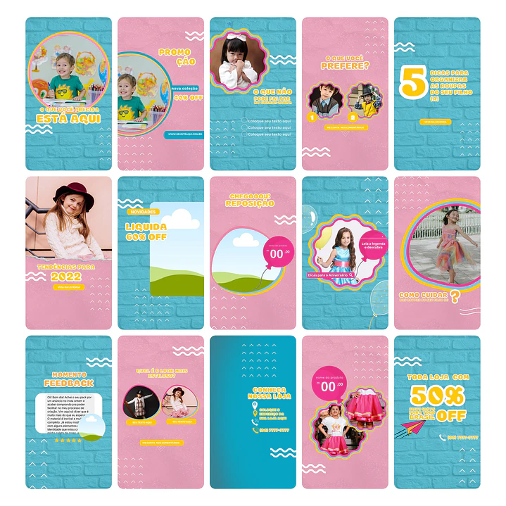 Pack Canva Loja de Roupa Infantil Kids Template Editável 30 Artes Animados Storie + Bônus 1