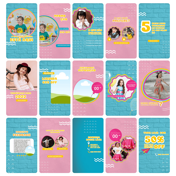 Pack Canva Loja de Roupa Infantil Kids Template Editável 30 Artes Animados Storie + Bônus 1