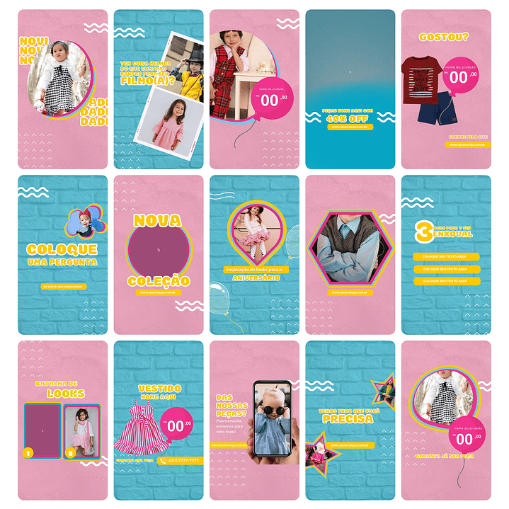 Pack Canva Loja de Roupa Infantil Kids Template Editável 30 Artes Animados Storie + Bônus 2