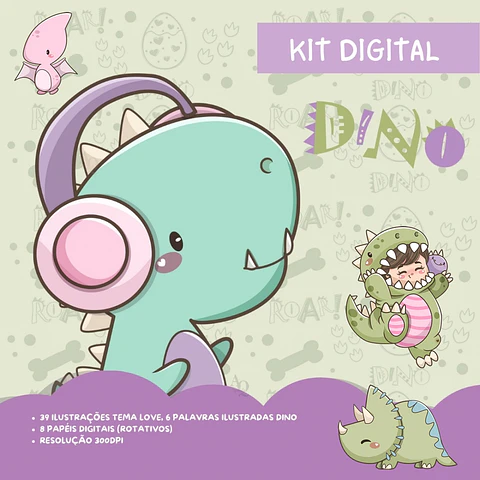 Kit Digital Dino Minimalista + Color em Png