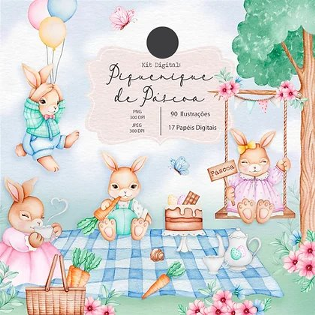 Kit Digital Piquenique de Pascoa Aquarela em Png  1