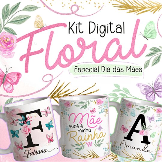 Artes para Caneca Floral Alfabeto Dia das Mães em Jpg