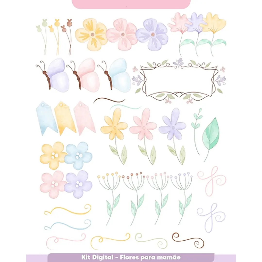 Kit Digital Flores Dia das Mães em Aquarela em Png 3