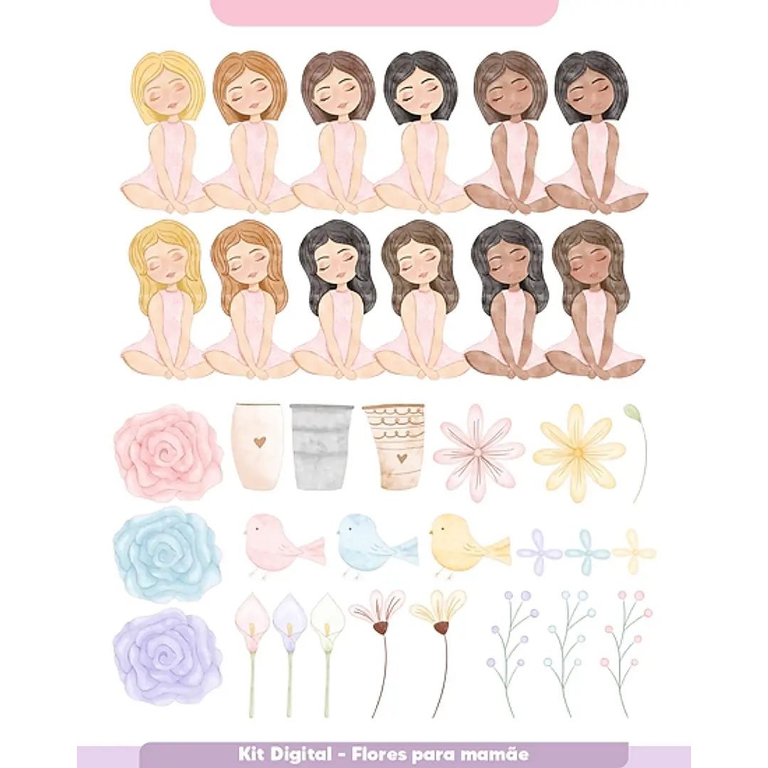Kit Digital Flores Dia das Mães em Aquarela em Png 2