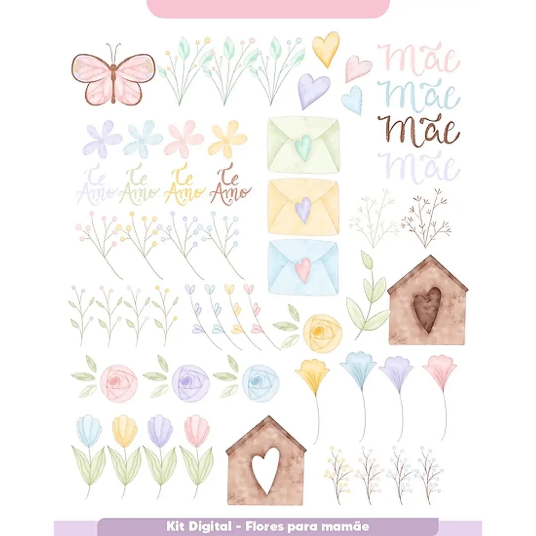 Kit Digital Flores Dia das Mães em Aquarela em Png 4