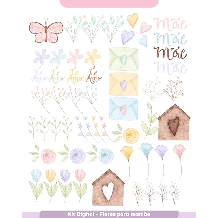 Kit Digital Flores Dia das Mães em Aquarela em Png 4