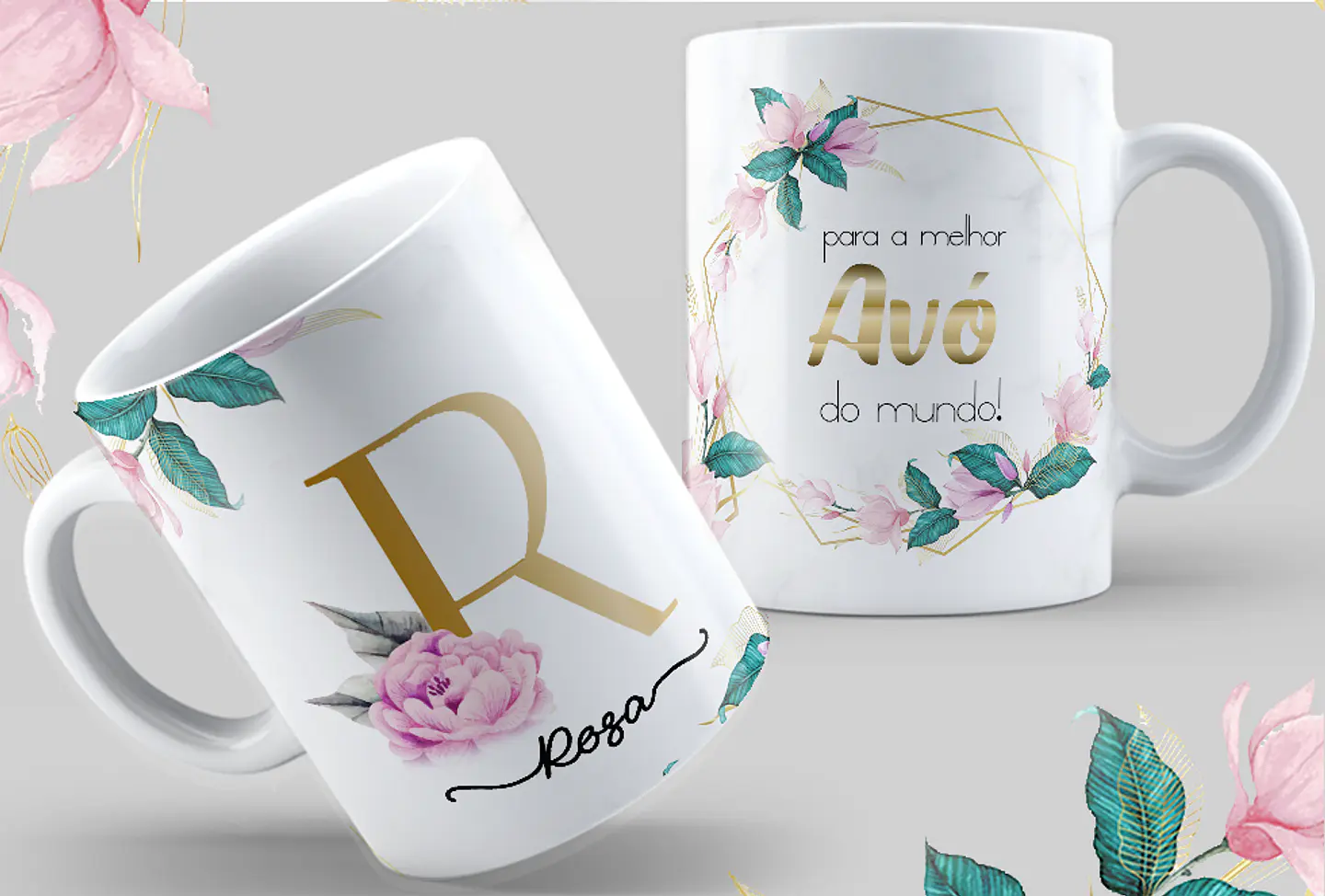 26 Artes Canecas Alfabeto Floral Dourado Arquivos em Jpg 1