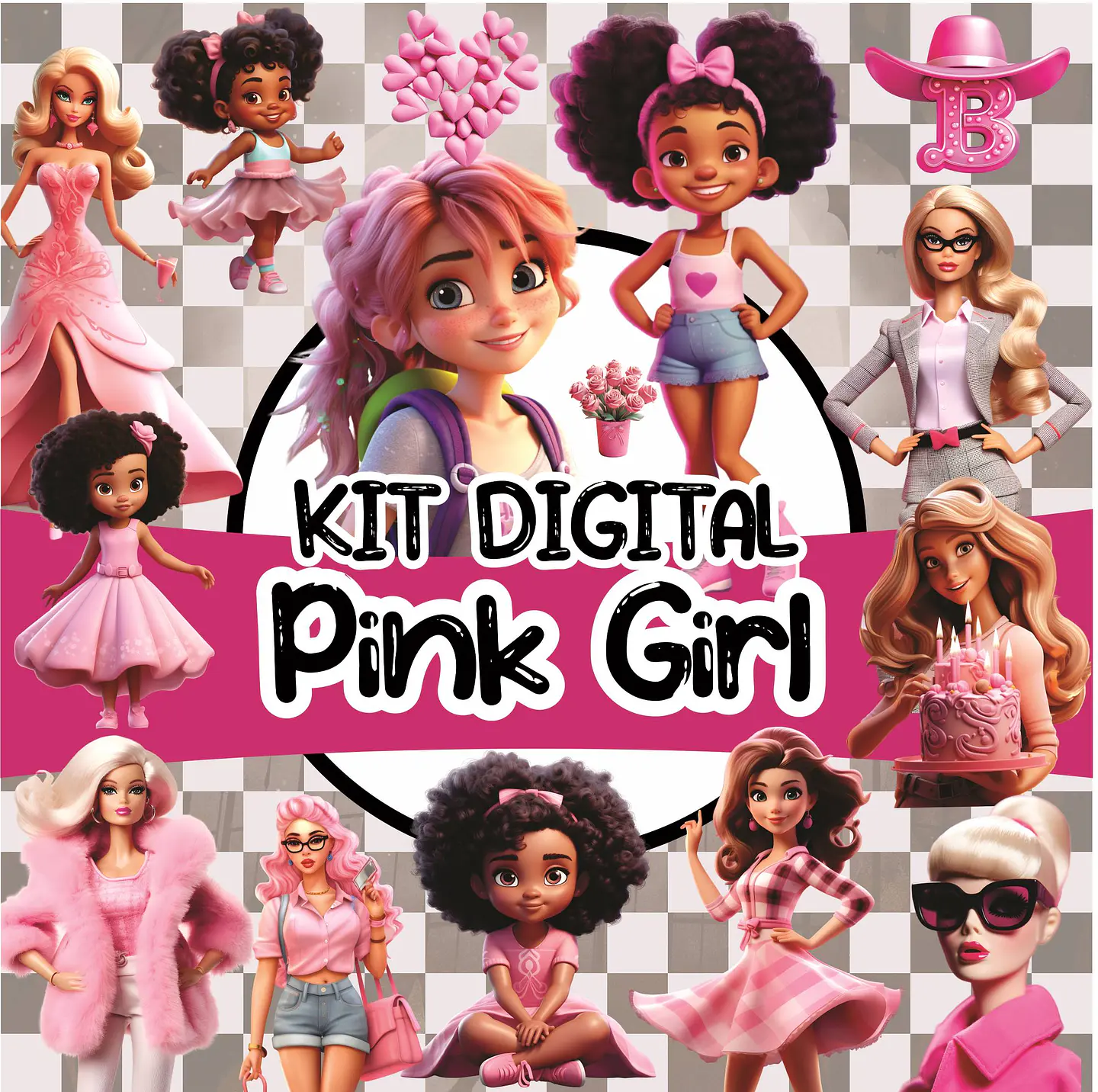 Kit Digital Pink Girls Barbie em Png 1