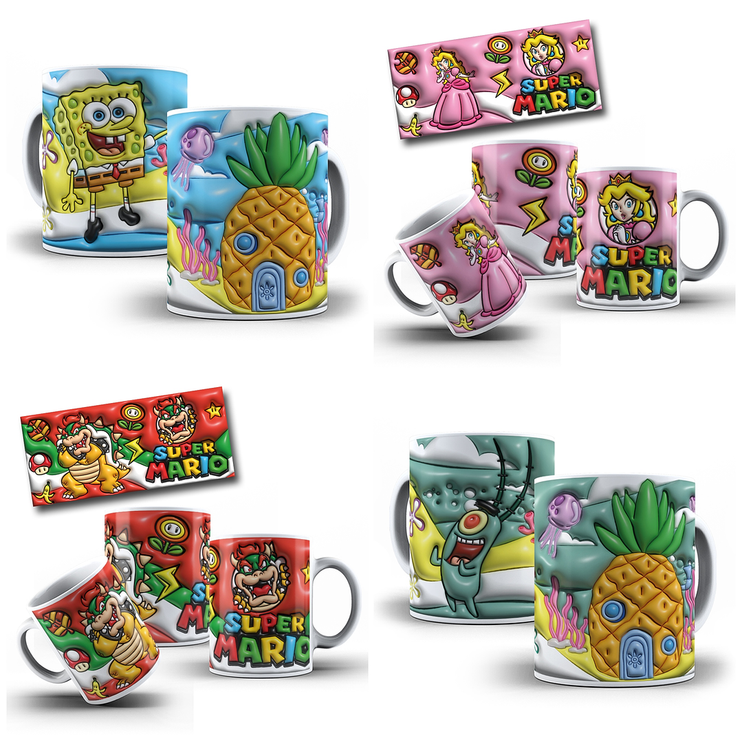 12 Artes Canecas Super Mario e Bob Esponja 3D em Jpg 3