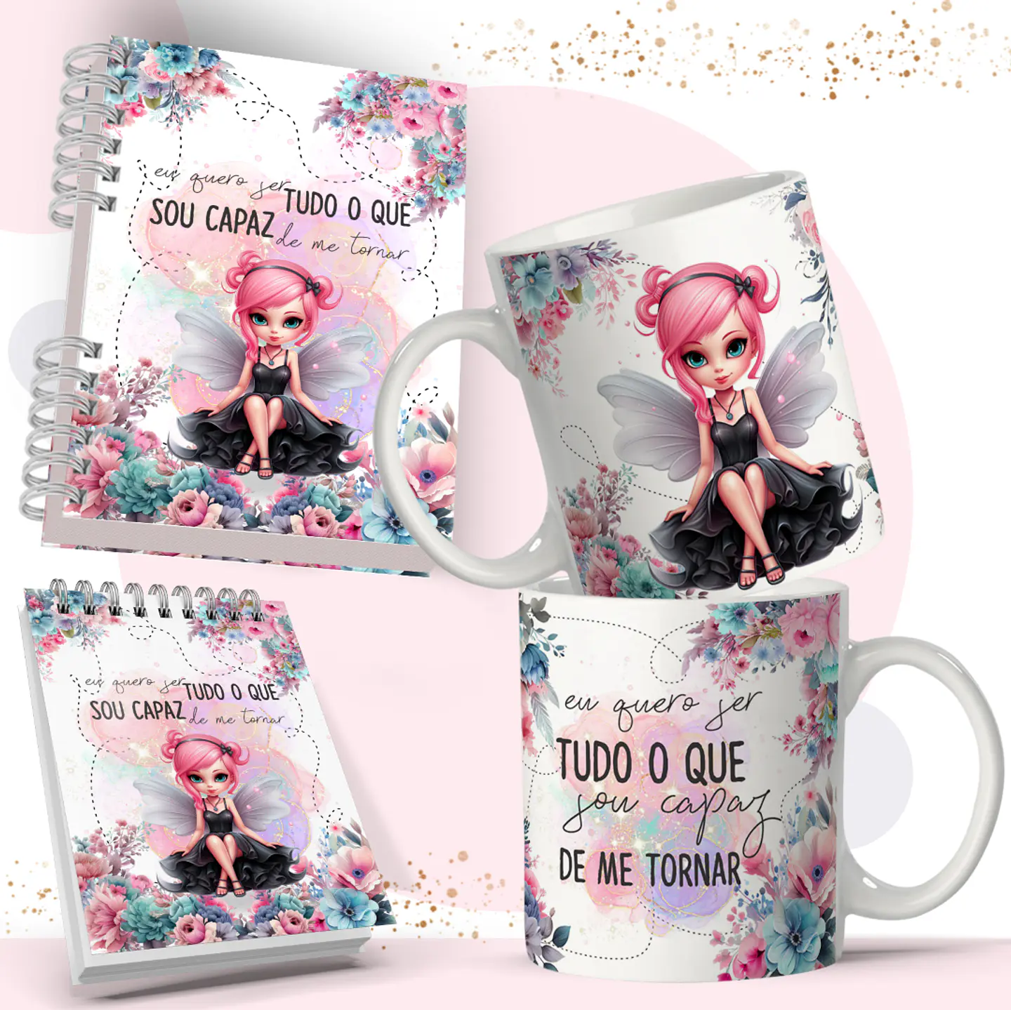 Arte Caneca e Bloquinho Fadas em Corel Draw 3