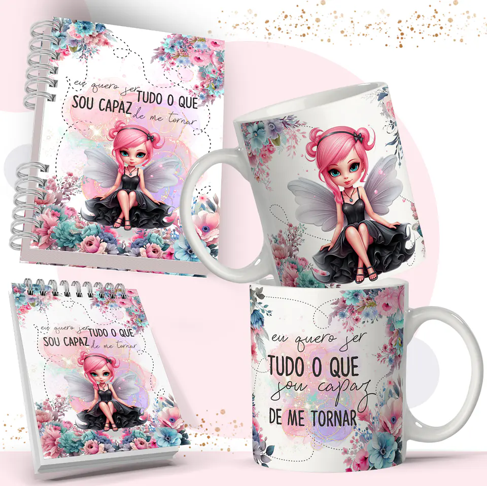 Arte Caneca e Bloquinho Fadas em Corel Draw 3