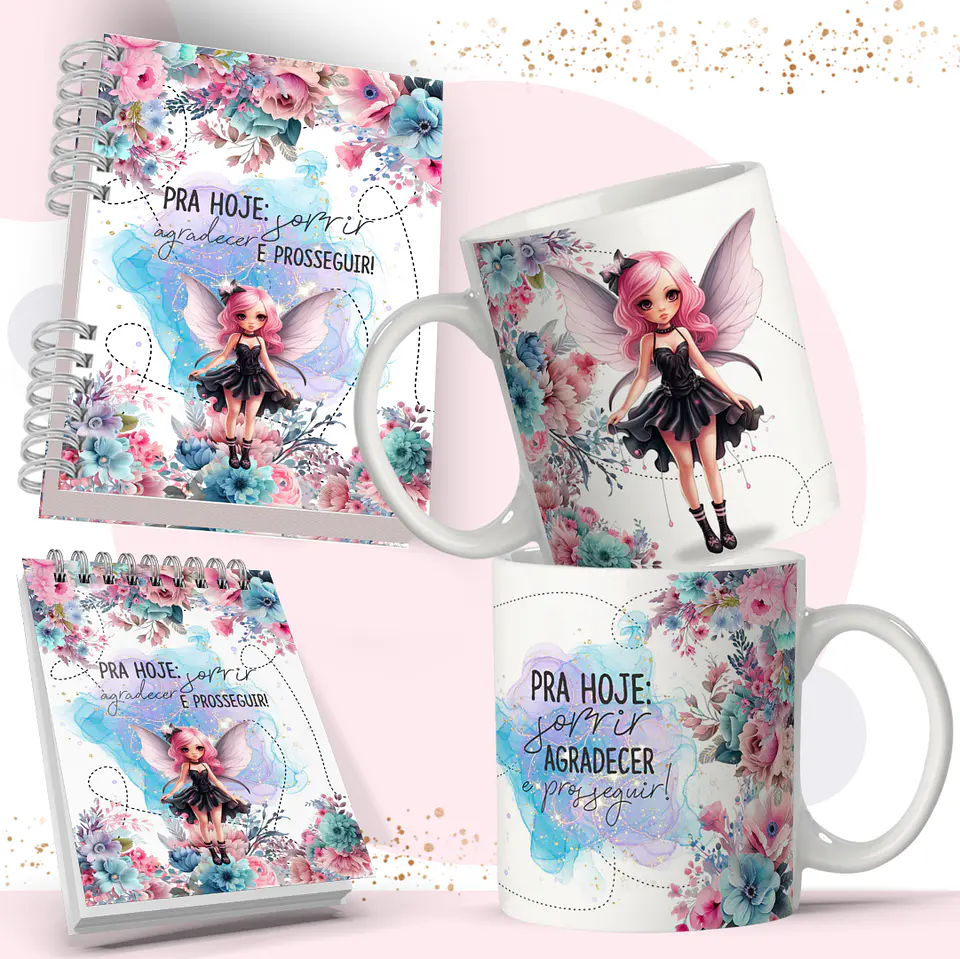 Arte Caneca e Bloquinho Fadas em Corel Draw 4