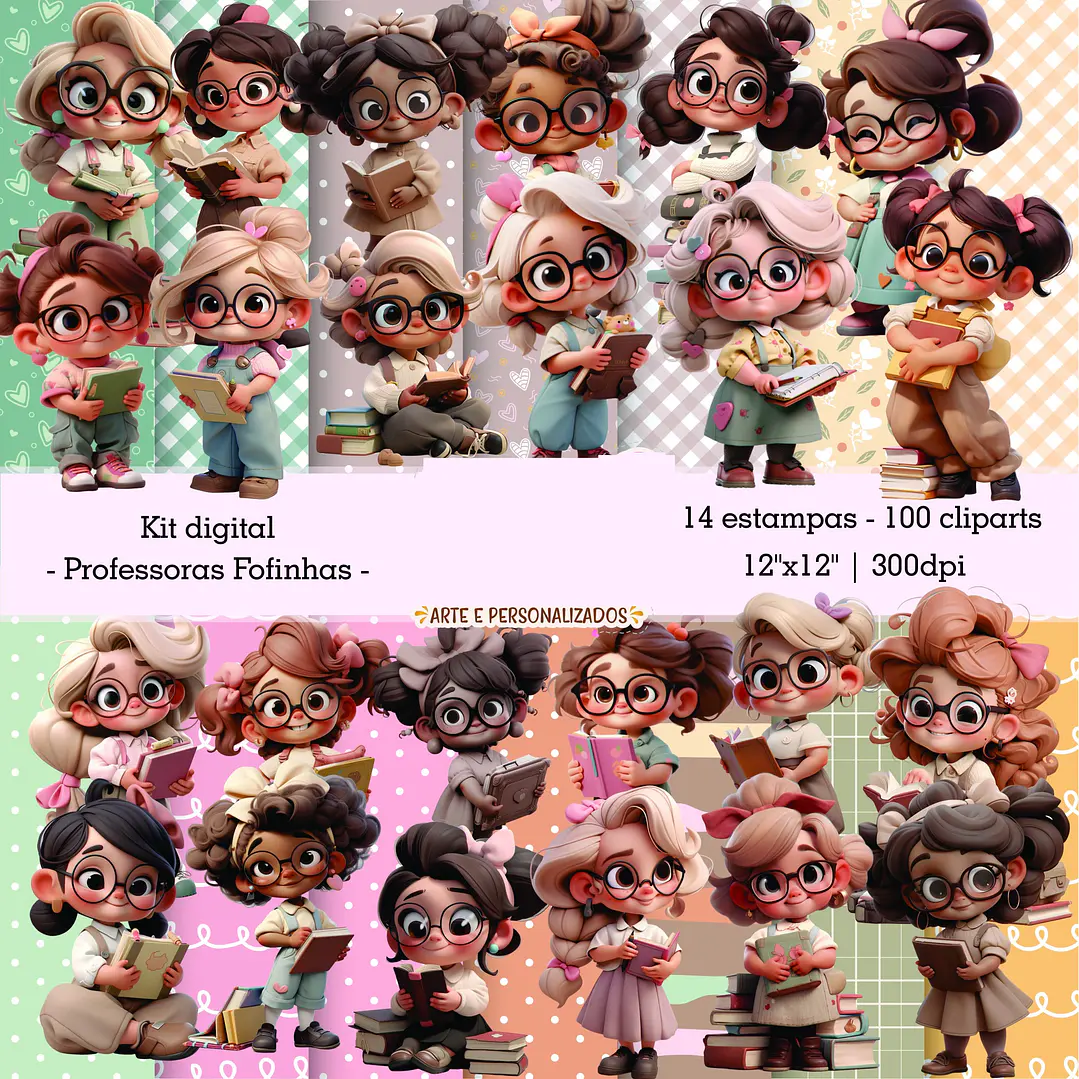 Kit Digital Mascotinhas Professoras Fofinhas 3D em Png  2