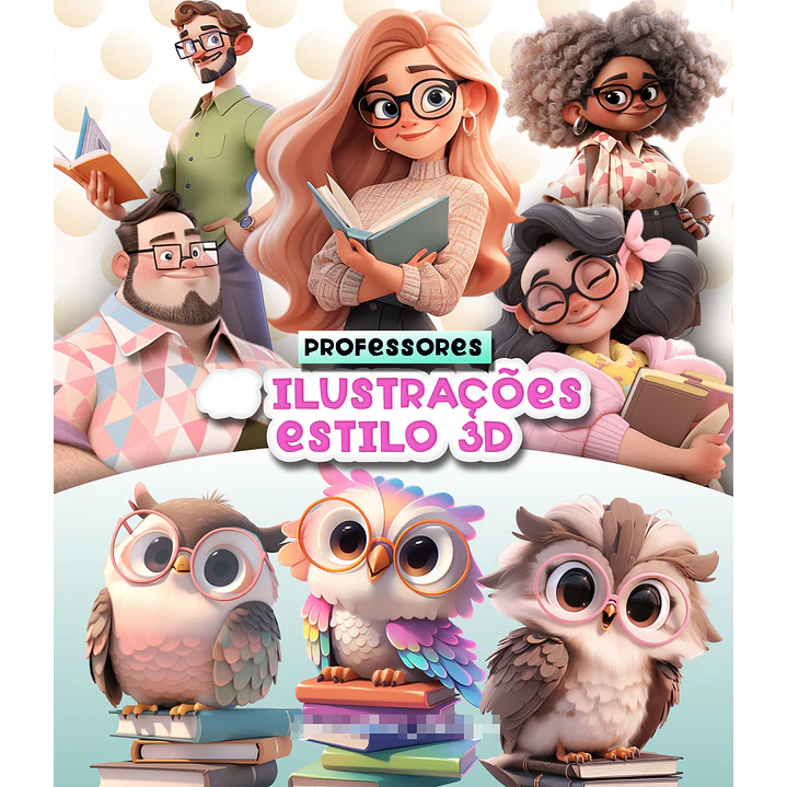 Kit Digital Mascotinhas Professoras Fofinhas 3D em Png  1