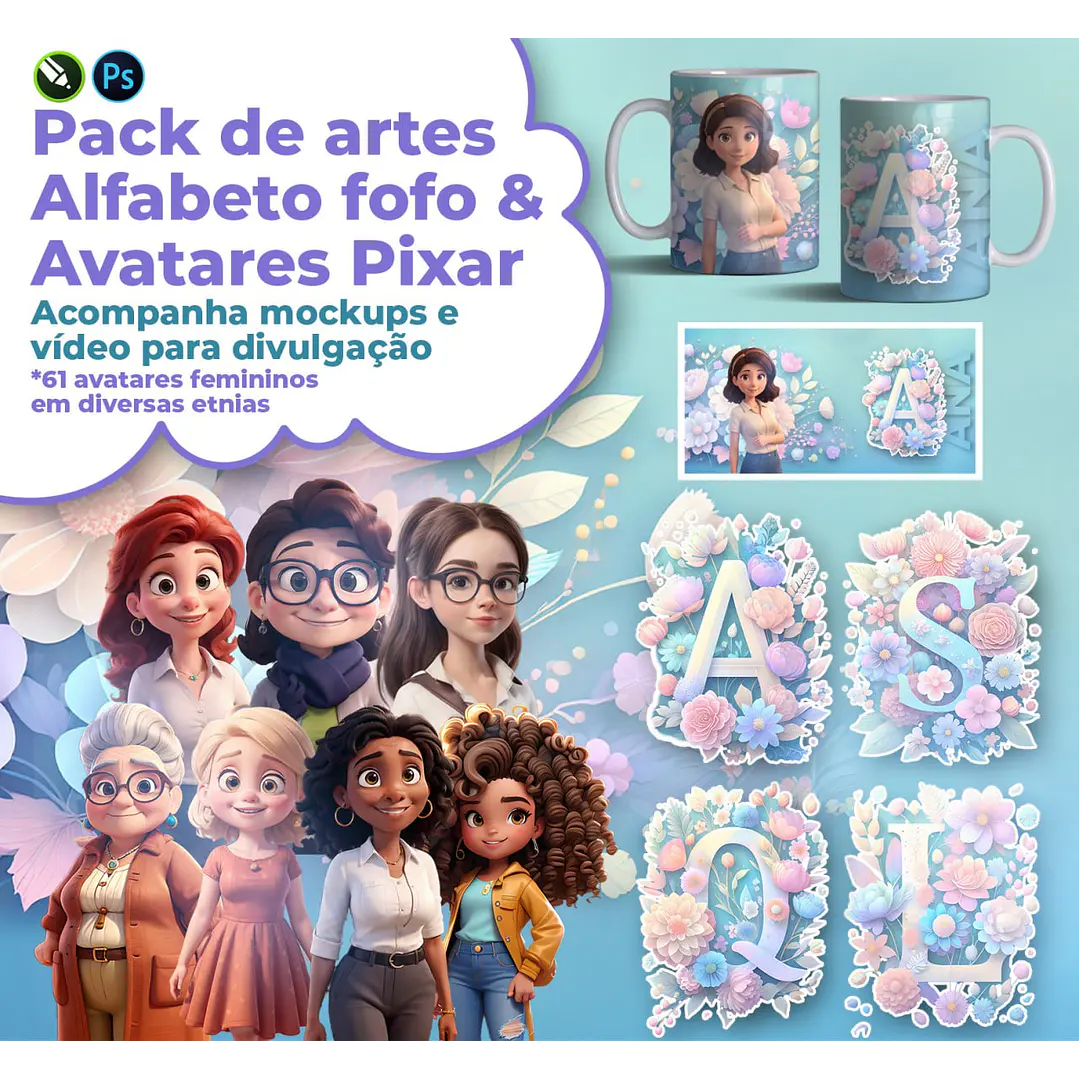 Artes para Caneca Alfabeto com Avatares em CorelDraw 1