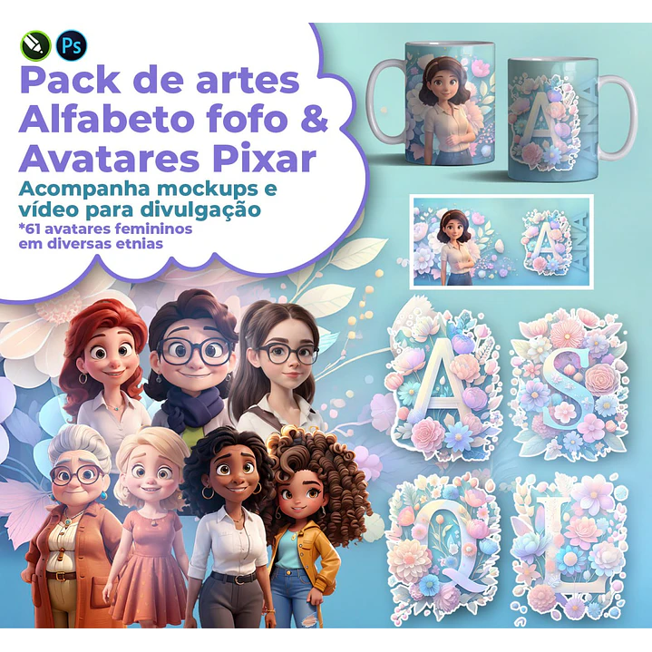Artes para Caneca Alfabeto com Avatares em CorelDraw 1