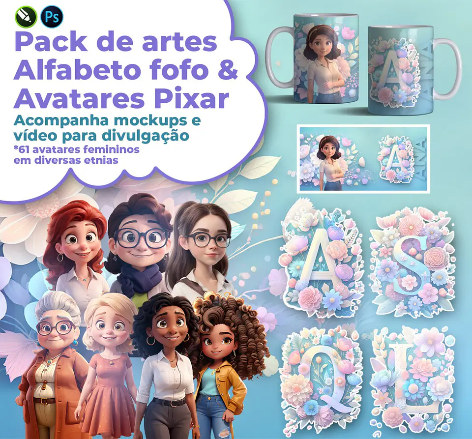 Artes para Caneca Alfabeto com Avatares em CorelDraw 1