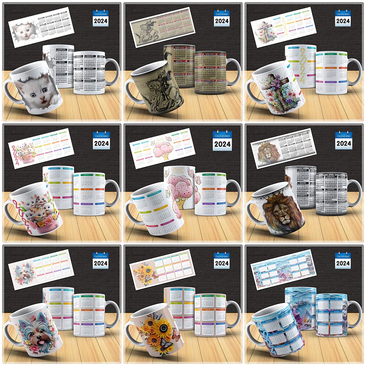 30 Artes para Caneca Calendário Temas Diversos 2024 Arquivo em Photoshop 1